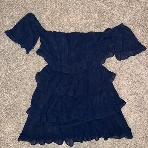 The Impeccable Pig Navy Blue Ruffle Off the Shoulder Dress